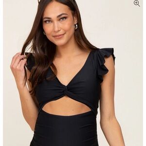 Black Ruffle Sleeve Cutout Swim